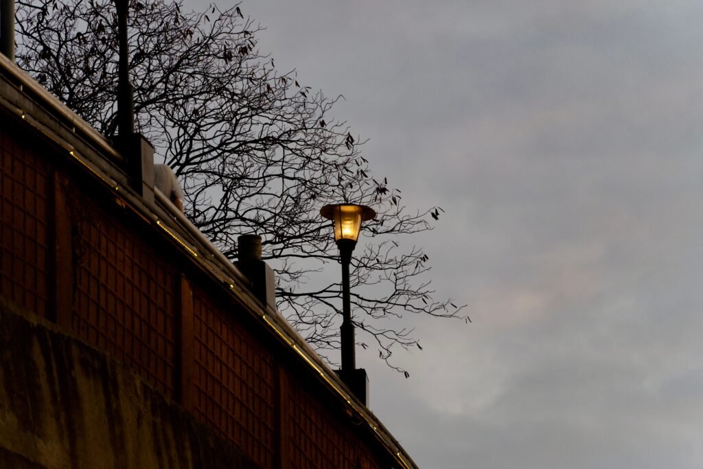 A lone street lamp glows warmly against a moody evening sky near a bridge.