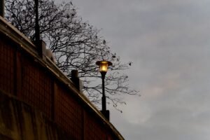 A lone street lamp glows warmly against a moody evening sky near a bridge.